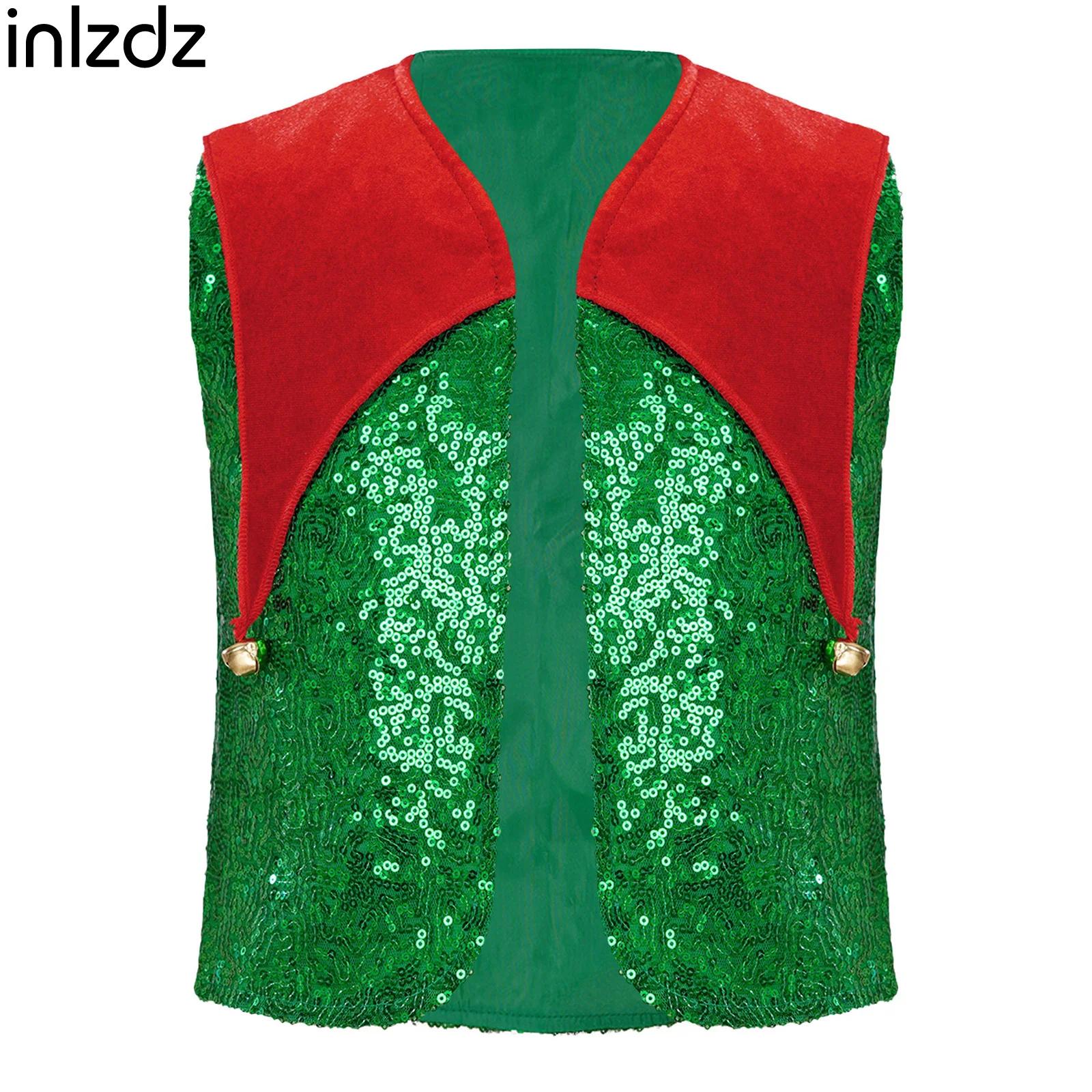 Elf Costume Christmas - ユニセックスキッズクリスマスエルフベスト 不規則なベルベットパネル ベルスパンコール オープンフロント カラーブロックベスト コスプレパフォーマンス用