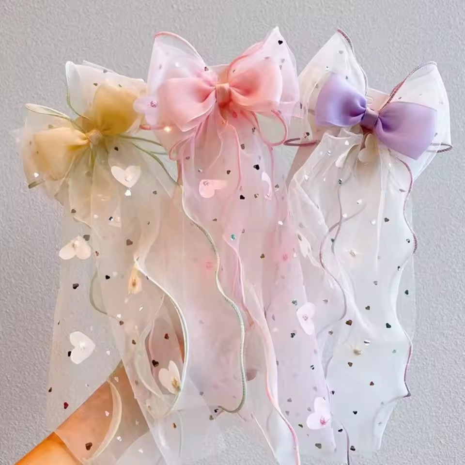 Ribbon Bow Gift - 韓国妖精メッシュボウヘアクリップ子供プリンセスポニーテールリボン三つ編みトップヘッドバンドヘアアクセサリー夏のギフト