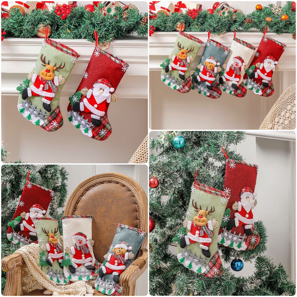 マルチカラーのクリスマスストッキング、雪だるま、鹿、クマ、漫 - Christmas Stocking Hanging のレビューと価格